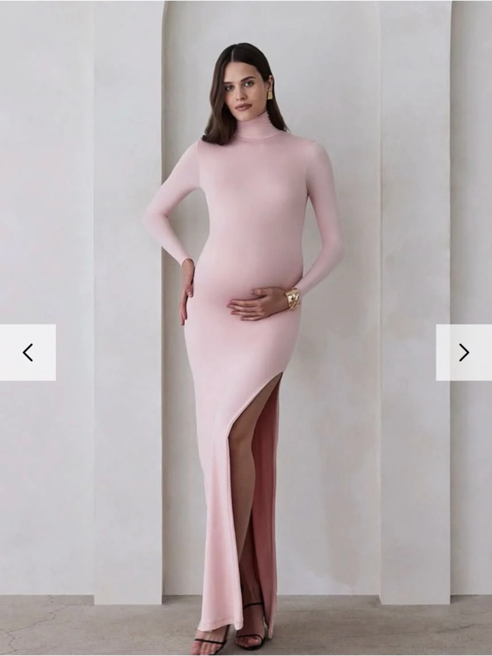 Long Sleeve High-Neck Pink Maxi Dress with Side Slit